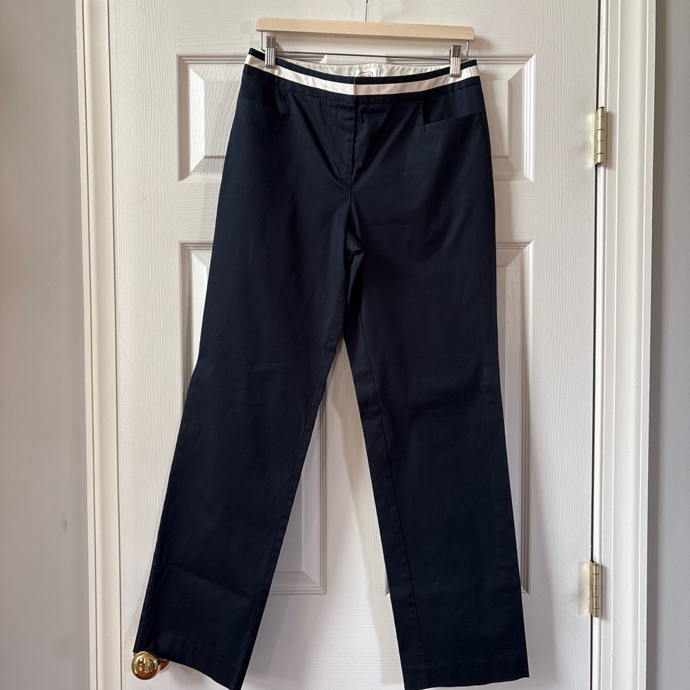 Talbots Navy Tailored Straight Pants with Contrast Waistband Stretch Cotton Sz 8